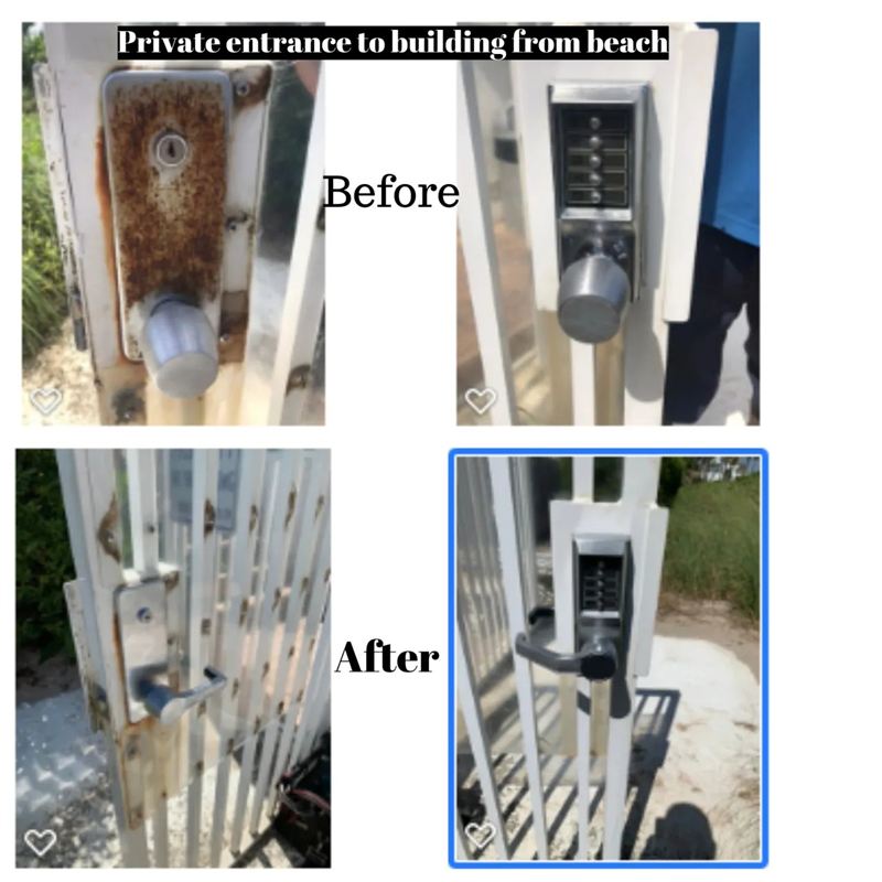 Rusted beach entrance gate lock replaced with new keypad lock — before and after