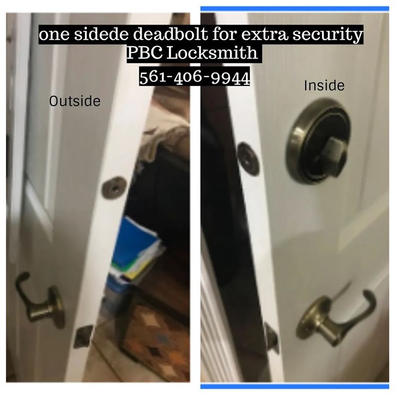 One-sided deadbolt installed for extra security — outside and inside view