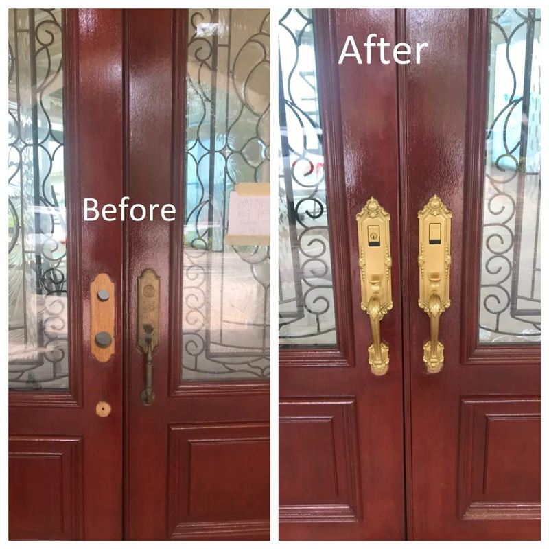 New matching handlesets installed on double entry doors — before and after