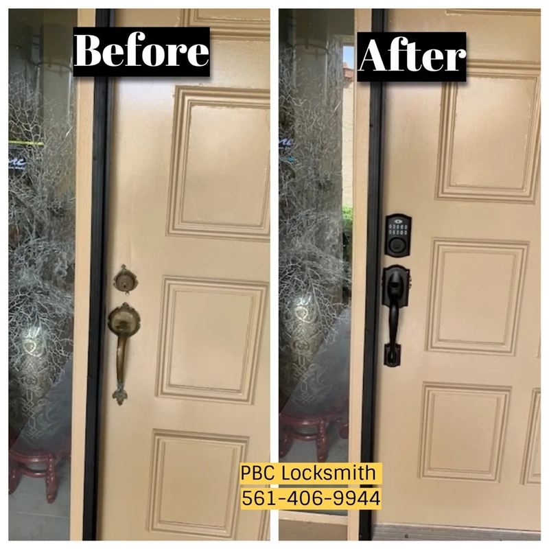 Worn handleset replaced with keypad deadbolt and matte black handle — before and after