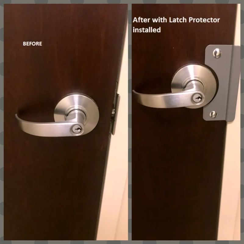 Commercial door lever with latch protector installed for extra security — before and after