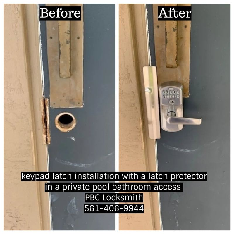 Keypad latch with latch protector installed on private pool bathroom door — before and after