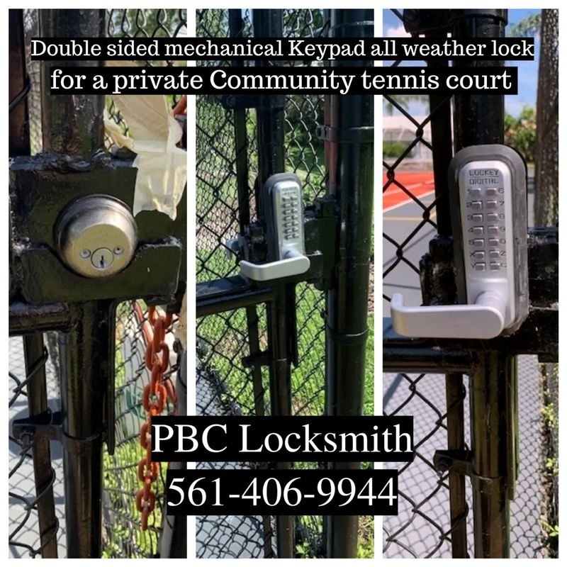 Double-sided mechanical keypad all-weather lock installed on a private community tennis court gate